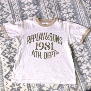 Replay White Tee with Tan Trim and Olive Graphic